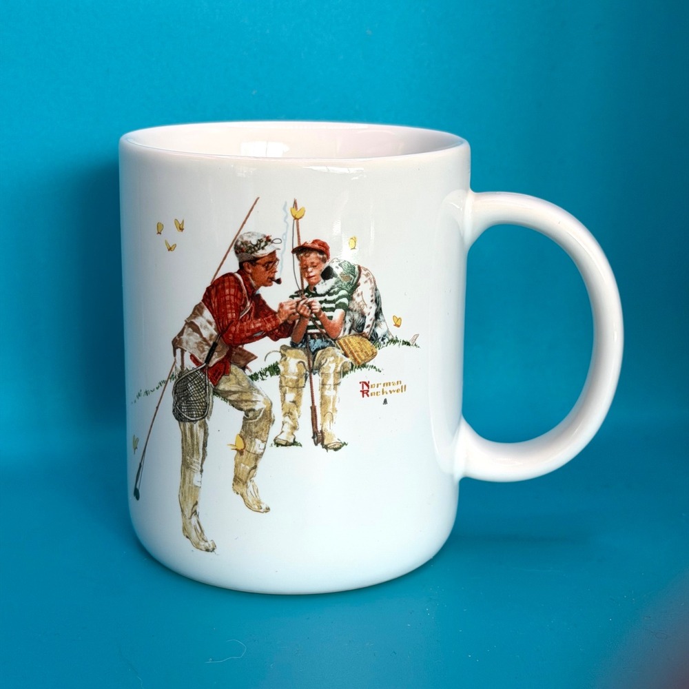 Vintage 1987 Norman Rockwell Trout Dinner Coffee Mug Museum Collections Japan